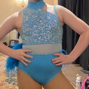 Jazz/Musical Theater Turquoise Med. Child Dance Costume with Feather on Back.